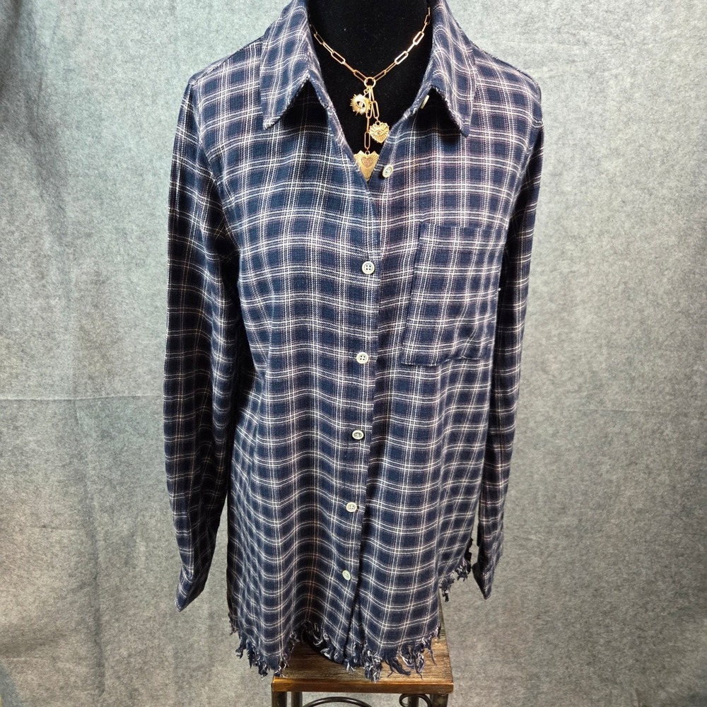 Mystree Sz L Navy Blue Plaid Asymmetrical Fringe Hem Cotton Button Down Shirt